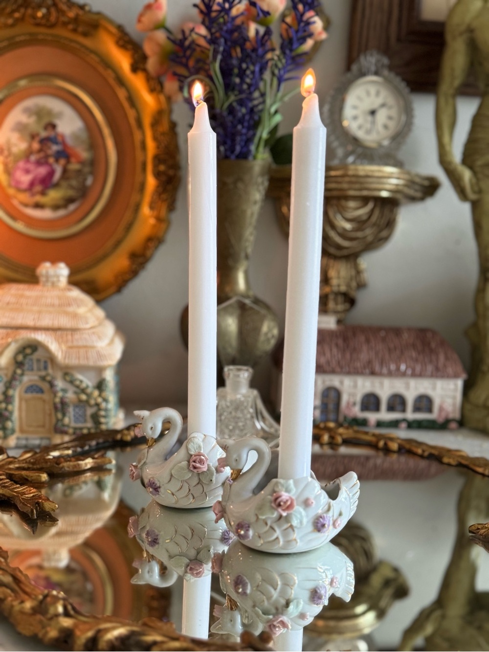 Vintage 1960’s Porcelain Swan Candlestick Holders With Florals